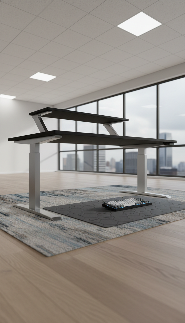 An ergonomic standing desk platform made of brushed aluminum and matte black composite, equipped with a mechanical keyboard resting on an anti-fatigue mat featuring a subtle geometric texture. The setup is situated amidst clean, open office flooring with an understated patterned rug beneath. Overhead LED panel lighting casts even, soft illumination, minimizing glare and creating smooth gradations across surfaces, while a muted cityscape can be glimpsed through a paned glass window in the distance. The composition is from a slightly low, wide perspective to emphasize structure, depth, and spaciousness. The overall effect is one of empowerment, functionality, and modern professionalism, tailored for athletic desk workers and their recovery needs.