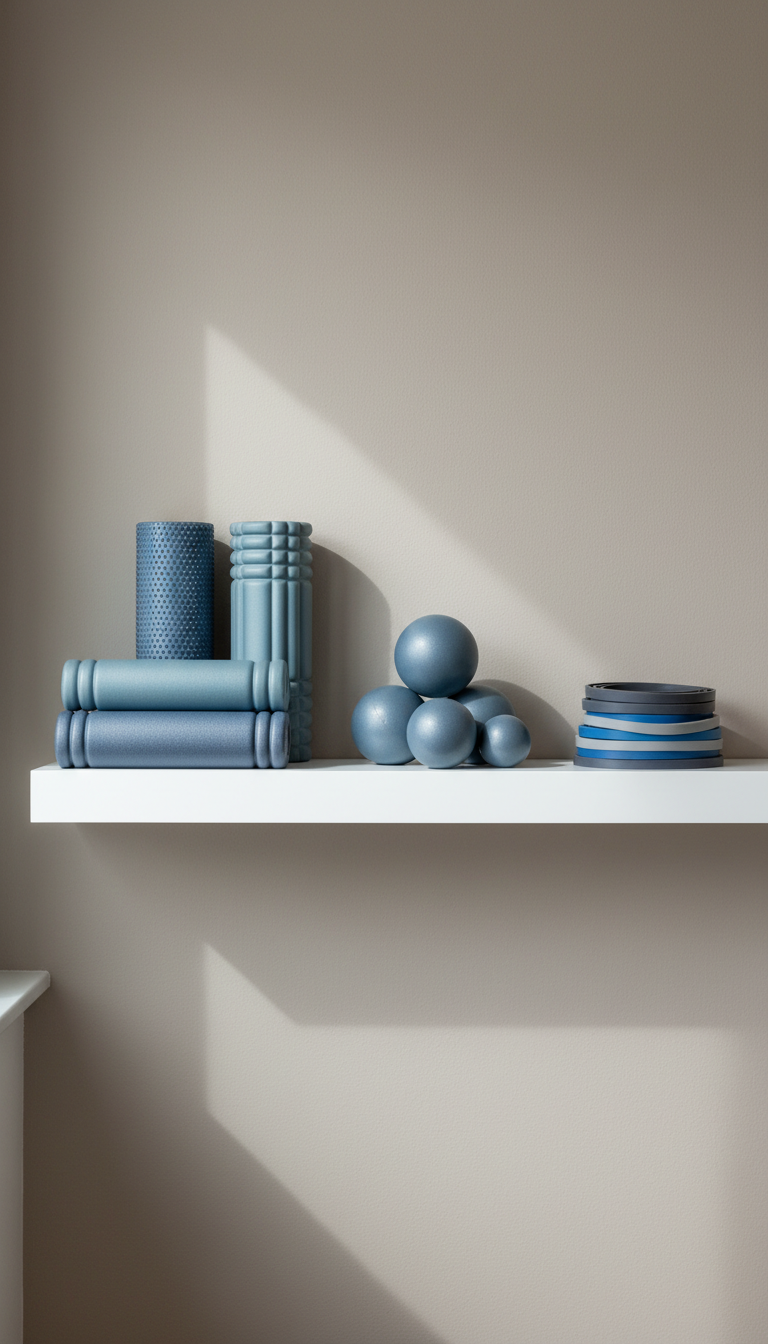 A collection of high-quality foam rollers, mobility balls, and resistance bands, all in neutral grays and muted blues, arranged immaculately on a crisp white shelf with perfectly aligned spacing. The shelf stands against a softly textured matte wall in a light taupe office environment, creating an atmosphere of refined utility. The objects are bathed in diffused daylight from a nearby window, producing delicate highlights and subtle shadows that accentuate their surfaces and forms. Framed from a slightly elevated angle and following the rule of thirds for balance, the image conveys order and precision. The mood is composed, clinical, and motivating, matching a professional, corporate aesthetic with photographic realism.
