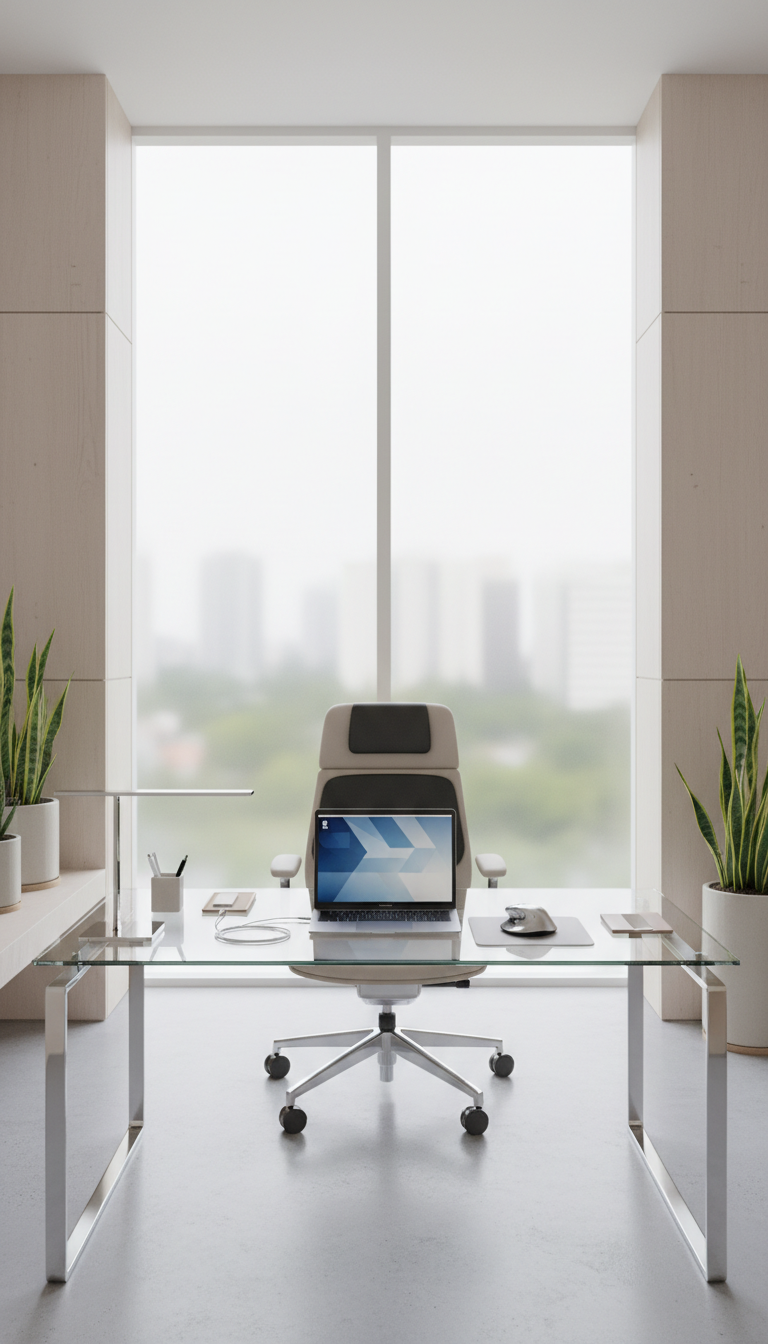 A meticulously organized modern office workstation featuring a sleek glass-top desk with a precision-aligned laptop, ergonomic mouse, and a structured mesh lumbar support cushion placed on a neutral-toned executive chair. The setup is positioned in front of a large, frost-glass window, allowing diffused natural light to fill the room evenly, highlighting the clean lines and subtle texture of the surfaces. Chrome accents and pale wood details lend visual balance, and the desk accessories maintain corporate minimalism. Captured from a wide-angle, eye-level view, the composition is intentional and centered, exuding a calm, inviting, and highly professional mood. The photographic realism and clean, structured layout reinforce the site’s focus on recovery and optimal workspace solutions.