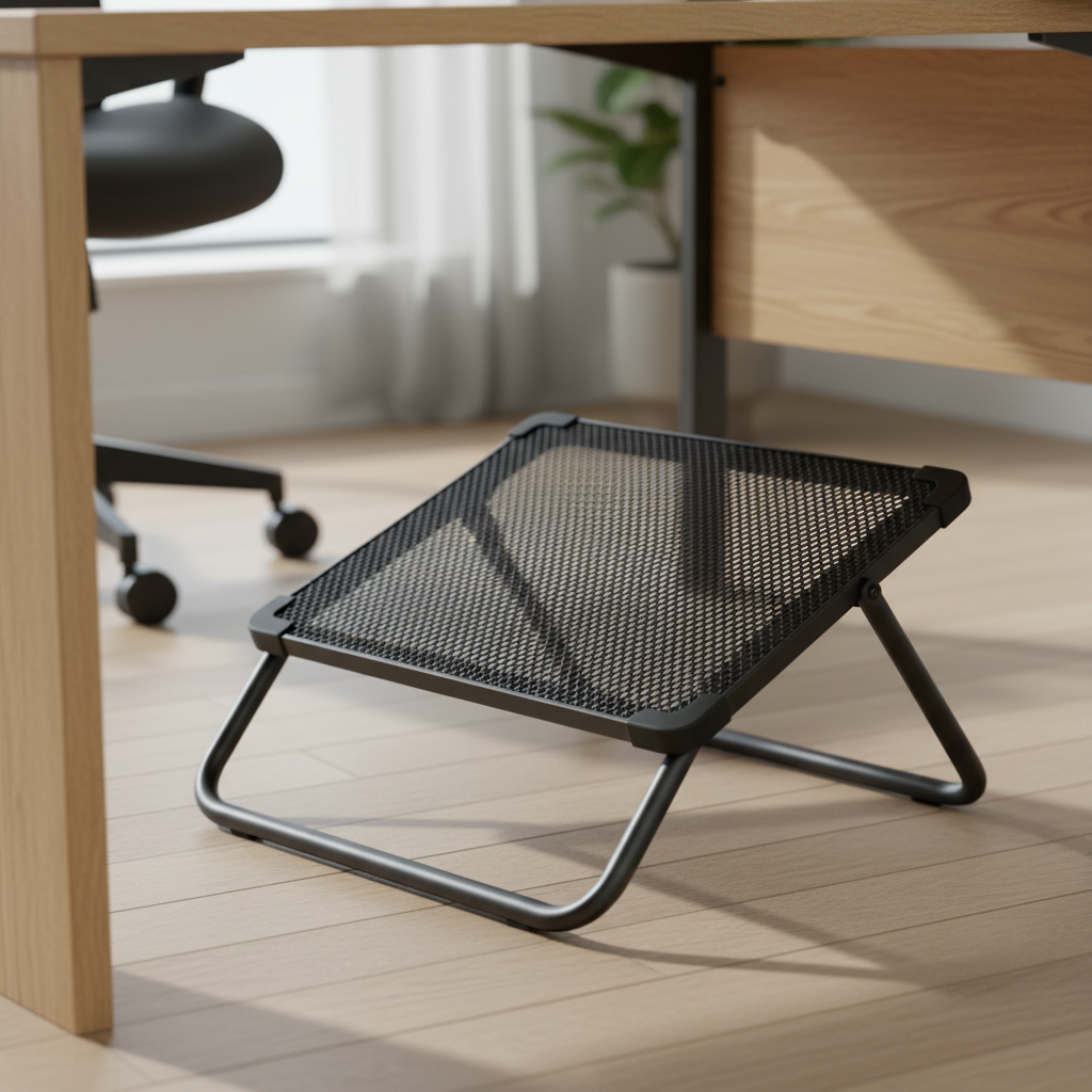 A close-up of an adjustable under-desk footrest crafted from powder-coated steel with a breathable mesh surface and rubberized grips. The footrest sits beneath a desk of light oak veneer, its spatial arrangement reflecting thoughtful placement for comfort and accessibility. Soft, directional daylight from a nearby workspace window casts fine highlights on the mesh texture and creates crisp yet gentle lines of shadow on the floor. The photo is captured from a sharply focused, side-on perspective with a shallow depth of field, drawing the viewer’s attention to the footrest’s design features. The mood is orderly, modern, and subtly optimistic, echoing the site’s advice for consistent mobility and recovery.